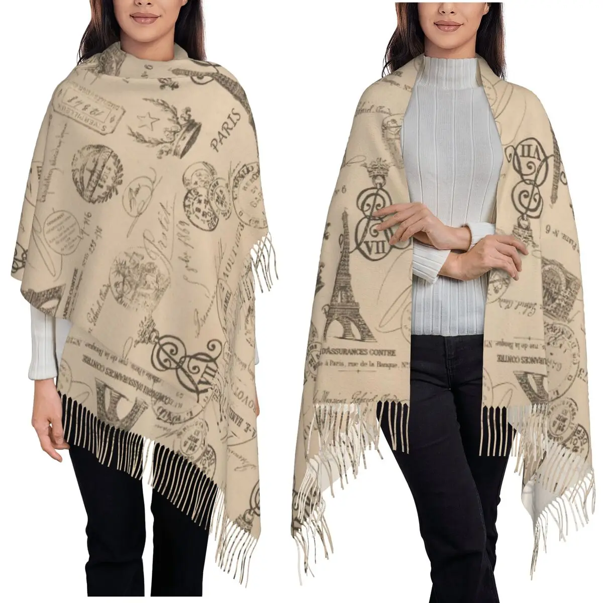 

Винтажный шарф с надписью «Эйфелева башня» и парижскими штампами, шарфы с кисточками для женщин, мягкая теплая шаль и накидки, длинная осенне-зимняя шаль