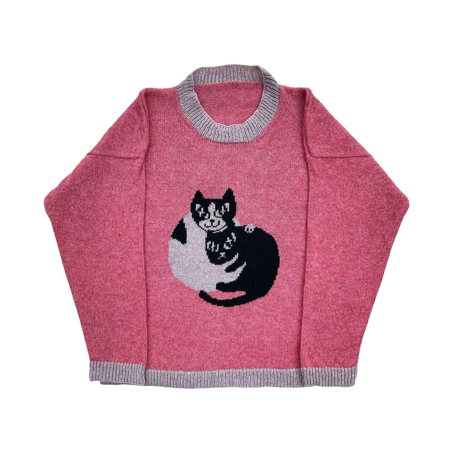 Y2k Women Vintage Round Neck Short Sleeved Jacquard Puppy Cat Pattern Sweater Knit Sweater Winter Tops Streetwear Hip-Hop Punk