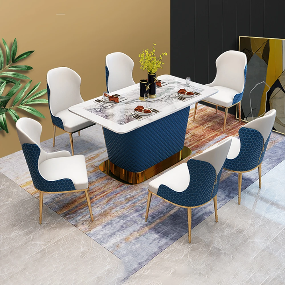 MANBAS Elevate Your Dining Room with Marble Table Set Featuring 6 Leather Chairs and Stainless Steel Design / Kitchen Furniture