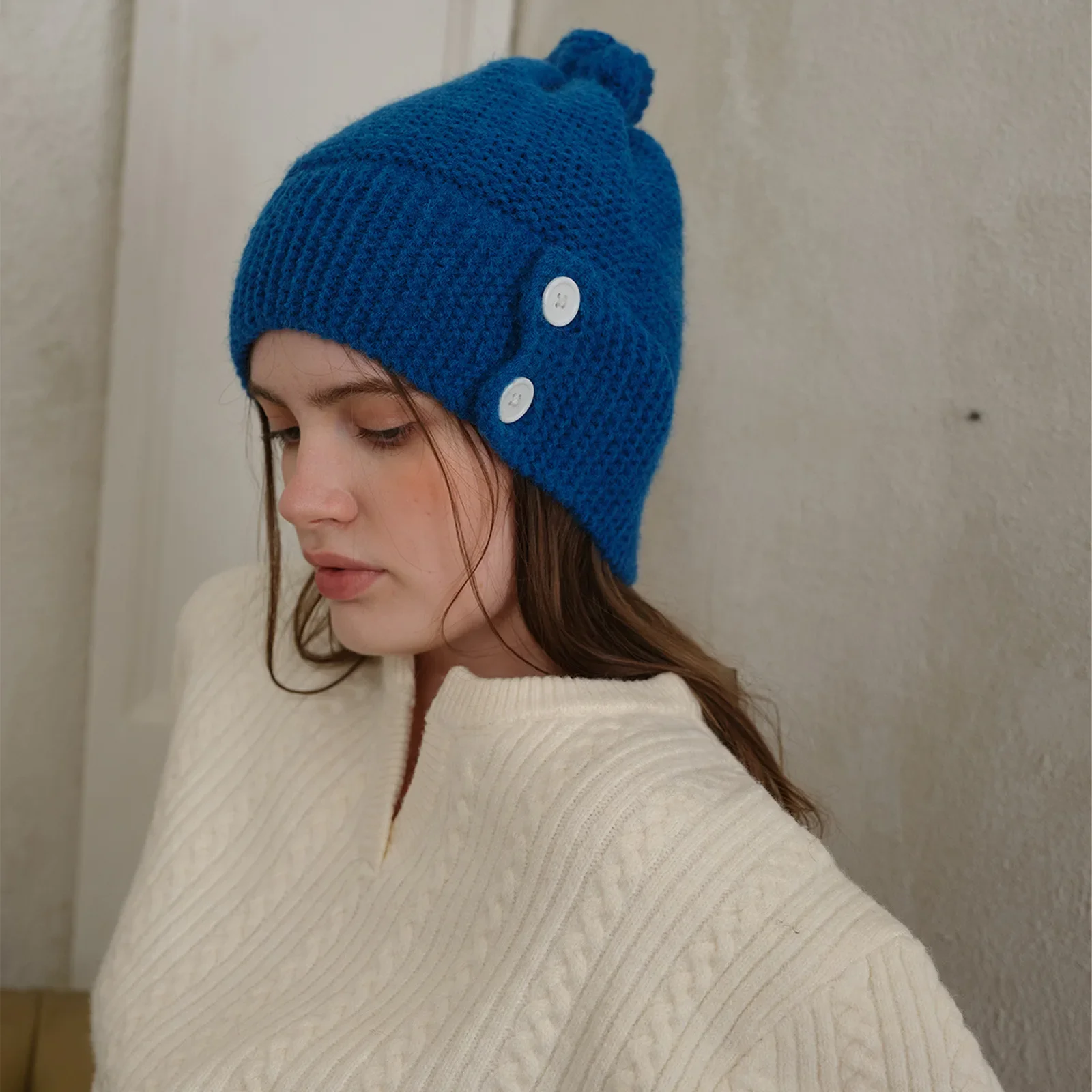 2024 New Winter Personalized Warm Klein Blue B with Comfortable Ear Protection Button Knitted Wool Cold Hat Women