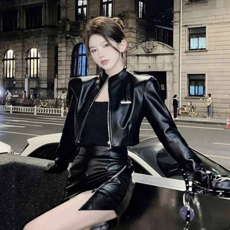 Pu Biker Jacket Women Sexy Cropped Black Harajuku Y2K Outwear High Street Fall Long Sleeve Zipper Female Racing Suit Coat