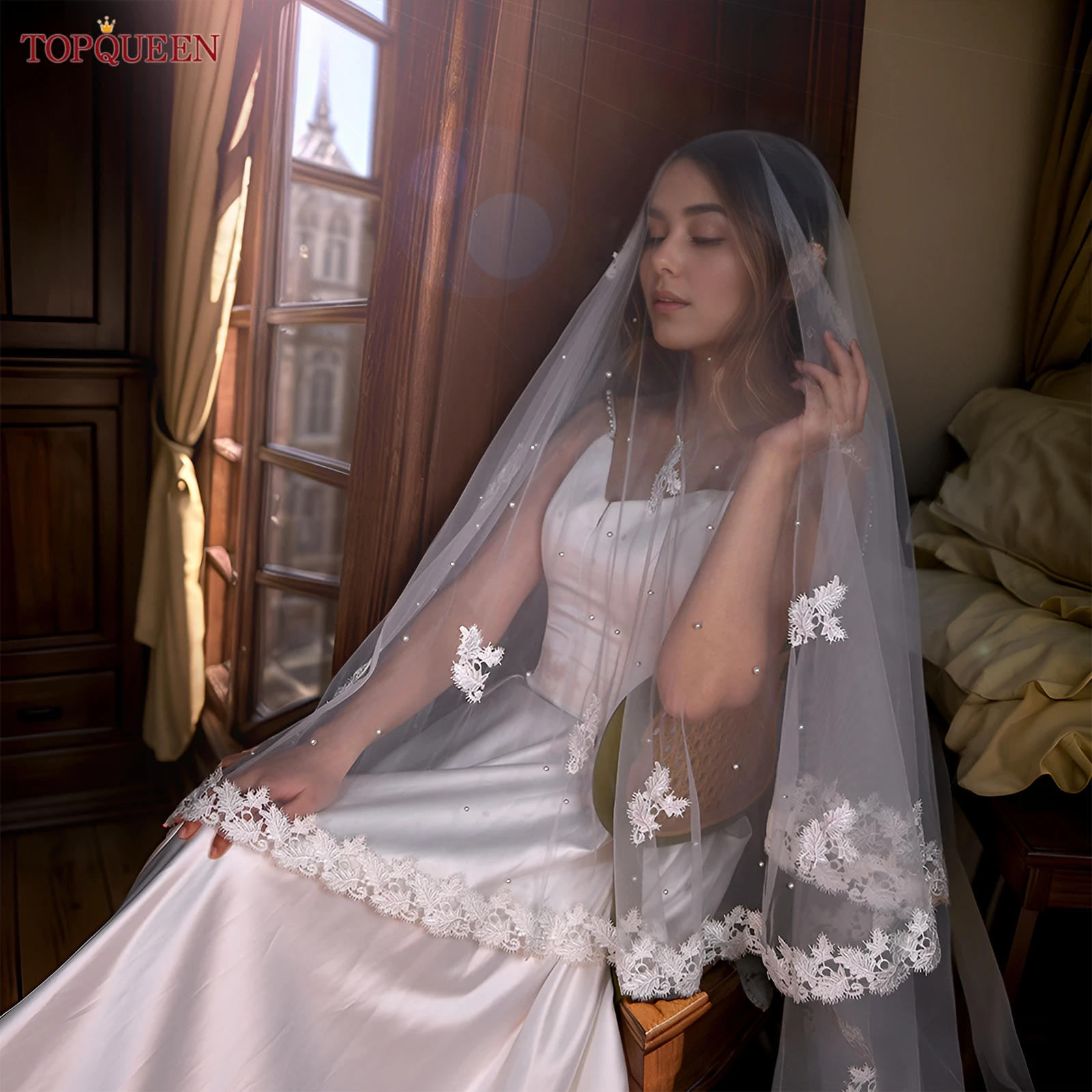 

Свадебная фата TOPQUEEN из кружева, элегантная, в стиле соборной фаты, с жемчугом, однослойная, с гребнем, на заказ, M10