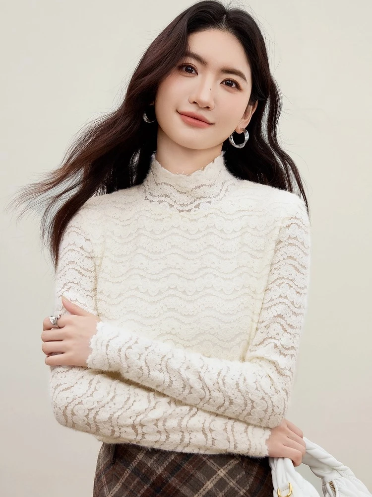 SENTUBILA Damska bluzka z długim rękawem 2025 Jesień Koronkowa bluzka z golfem Jednolita ażurowa dopasowana odzież damska Elegancka bluzka 153SA3129