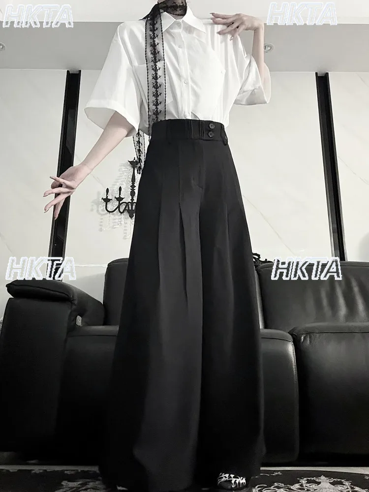 Japanese Dark Commuter High Waist Pleated Black Wide Leg Pants Spring Summer New Neutral Style Casual Versatile Trousers Women
