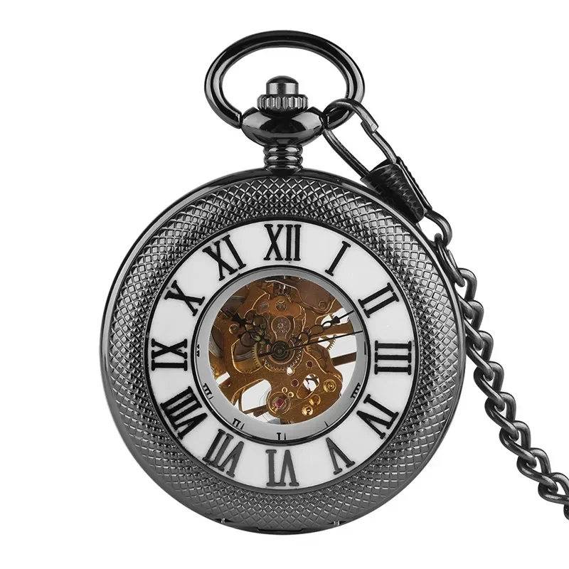 

Vintage Black Half Hunter Men Women Mechanical Hand Winding Pocket Watch Roman Number Skeleton Clock Pendant Chain Gift reloj