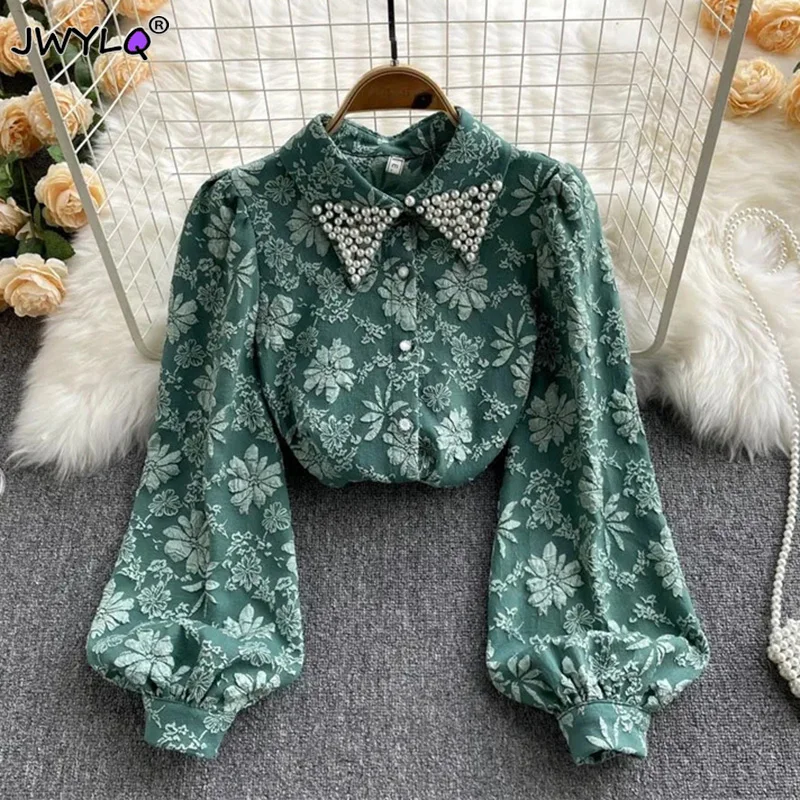 Vintage Pearl Lapel Flower Embroidered Flares Polo-neck Women\'s Blouse Shirt Long Sleeve Single Breasted Loose Female Blouses