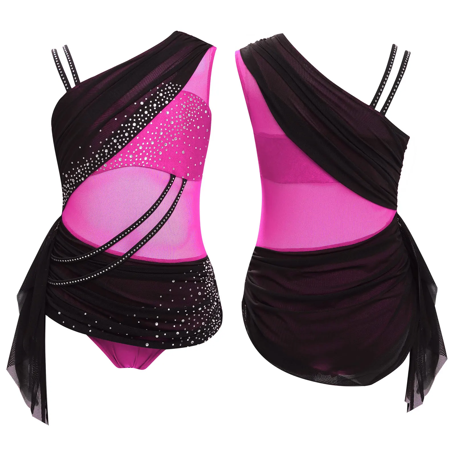 キッズガールズシアーメッシュラインストーンバレエ体操レオタードドレスカラーブロックボディスーツフィギュアスケート叙情的なダンス衣装