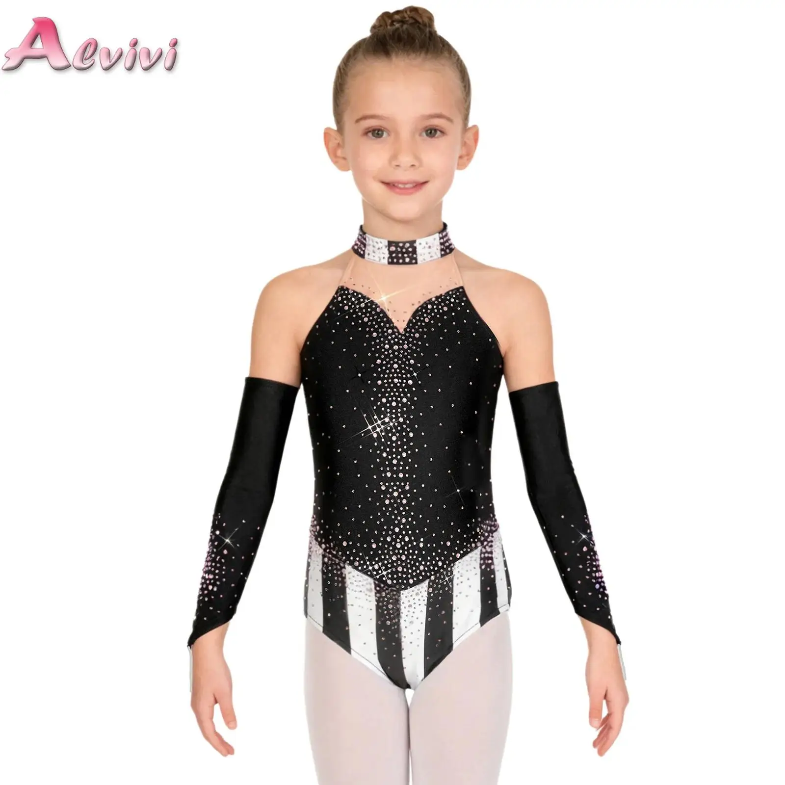 

Girls Ballet Dance Figure Skating Gymnastics Leotard Shinny Rhinestones Jumpsuit with Sleeves Christmas Carnival Party Costume