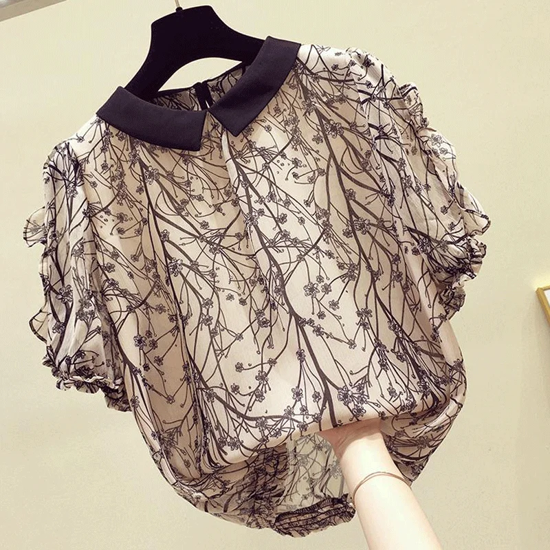 Chiffon floral print  short sleeve Women\'s blouse top 2024 spring summer loose peter pan neck chiffon shirt blouse NS5081