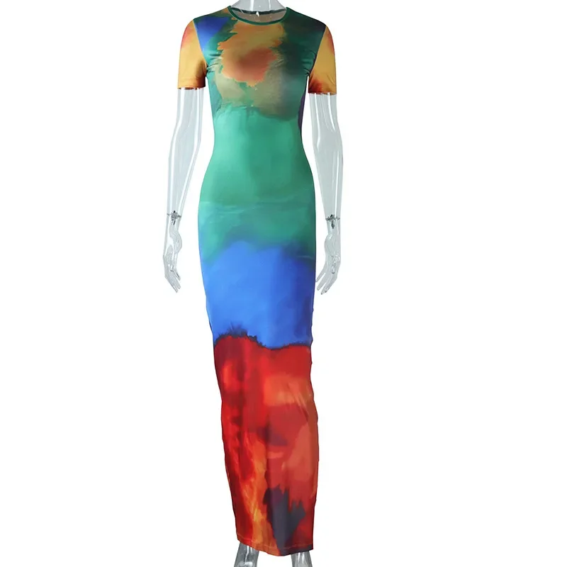 Fashion Tie Dye Maxi Dress Women Elegant Short Sleeve Bodycon Beach Dresses Summer Casual Long Holiday Club Party Dress 2024