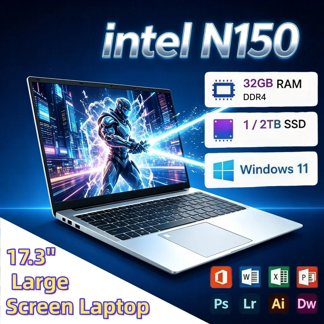 High Performance 17.3 Inch Portable Laptop Intel Core N150 Bright Large Screen 16GB/32GB RAM 1TB/2TB BIG SSD Windows11