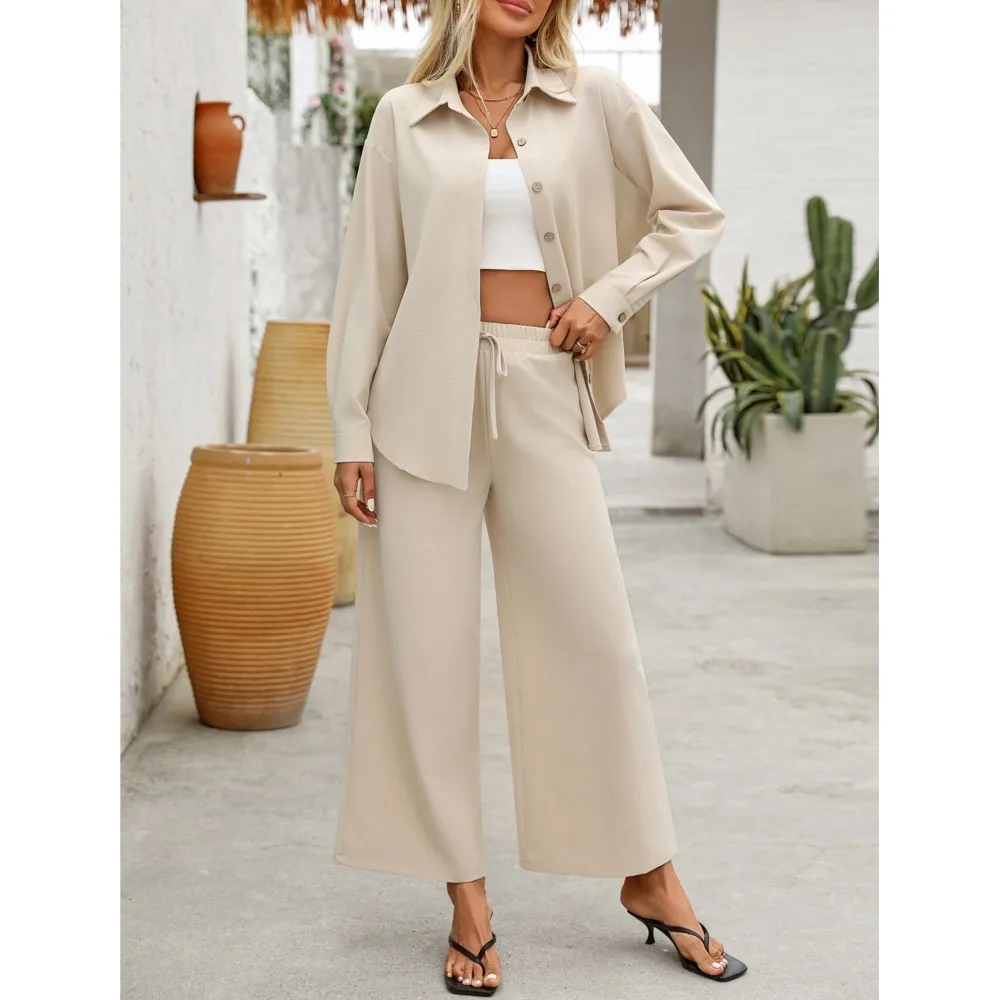 Casual Revers Hemd Lange Ärmel frauen Zwei-stück Set Frühling Sommer Neue Mode Elastische Taille Spitze-up Lange hosen Weibliche Set 2025