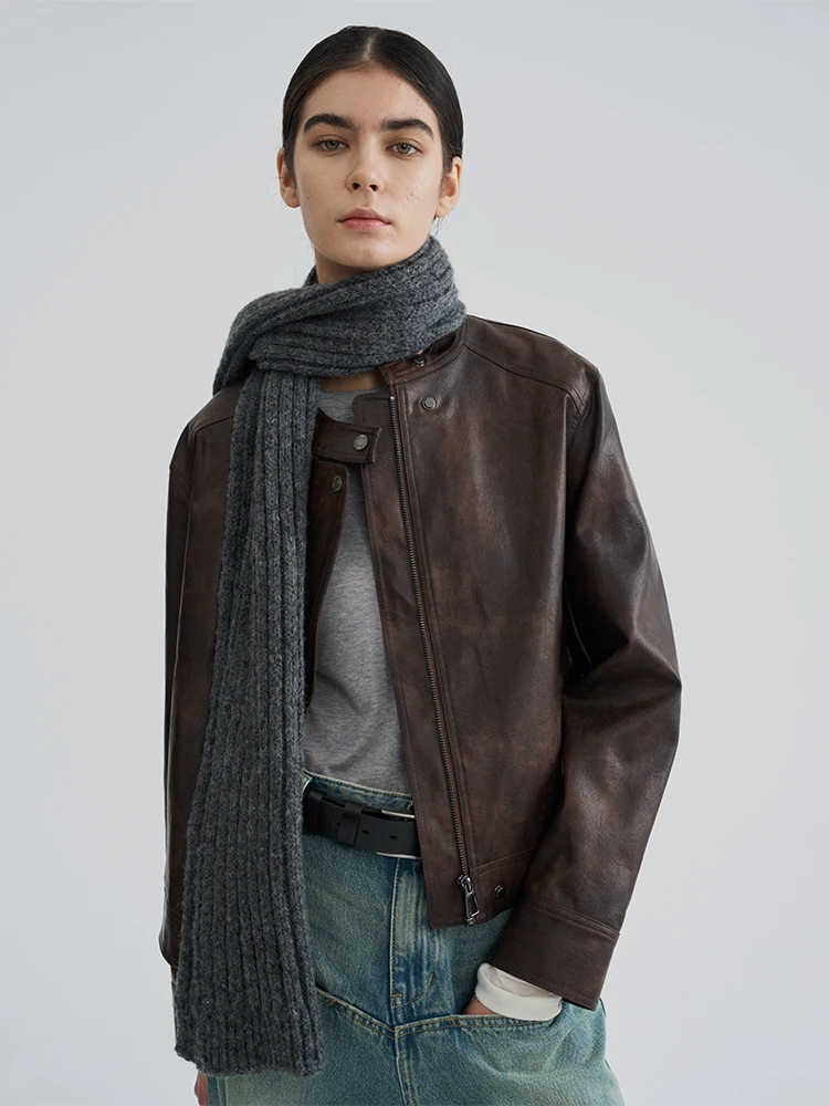 เสื้อแจ็คเก็ตหนังสไตล์เรโทร คอตั้ง แบรนด์ Goffrid บุผ้าฝ้าย สำหรับผู้หญิง ฤดูใบไม้ผลิ ฤดูใบไม้ร่วง เป็นมิตรกับสิ่งแวดล้อม กันลม