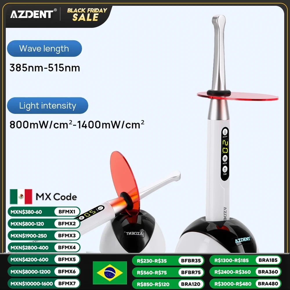 AZDENT Dental Wireless LED Curing Light 1 Second Cure Lamp 3 Modes Adjustable Dentist Instrument 10W 800-2200mW/cm² 385nm-515nm