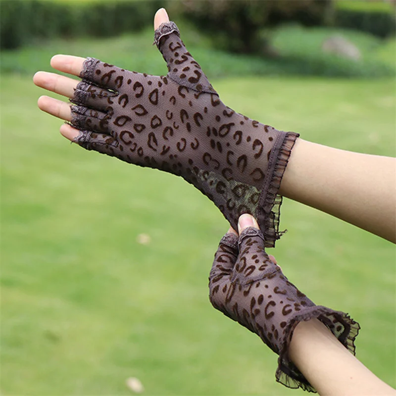 Leopard Print Ladies Short Lace Half Finger Lace Sunscreen Gloves Open Finger Ceremony Wedding Halloween Party Decoration