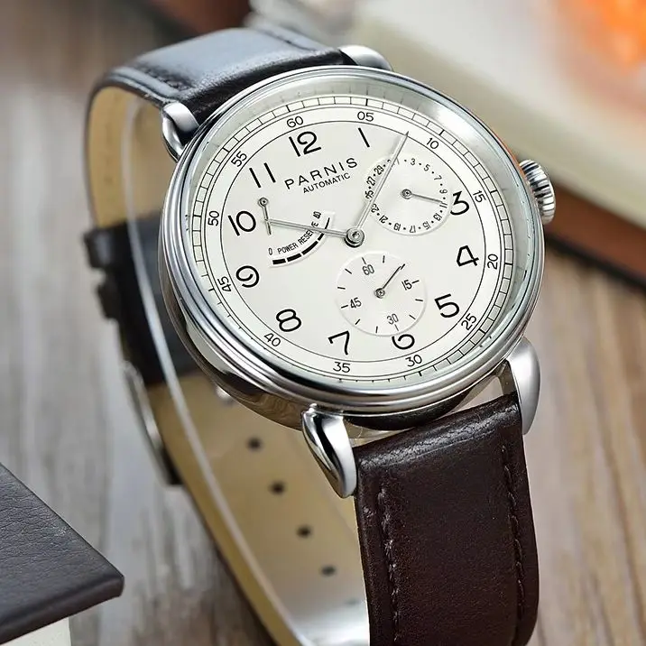 

PARNIS Men Automatic Watch 42MM Mechanical Wristwatch Multi-Dial Power Reserve Display Date Small Second Dial Relogio Masculino