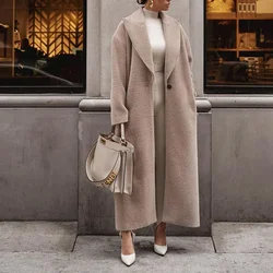 Women's Knee-High Coat with Plush Buckle, Long-Sleeved Lapel, Warm, European and American, Autumn and Winter
