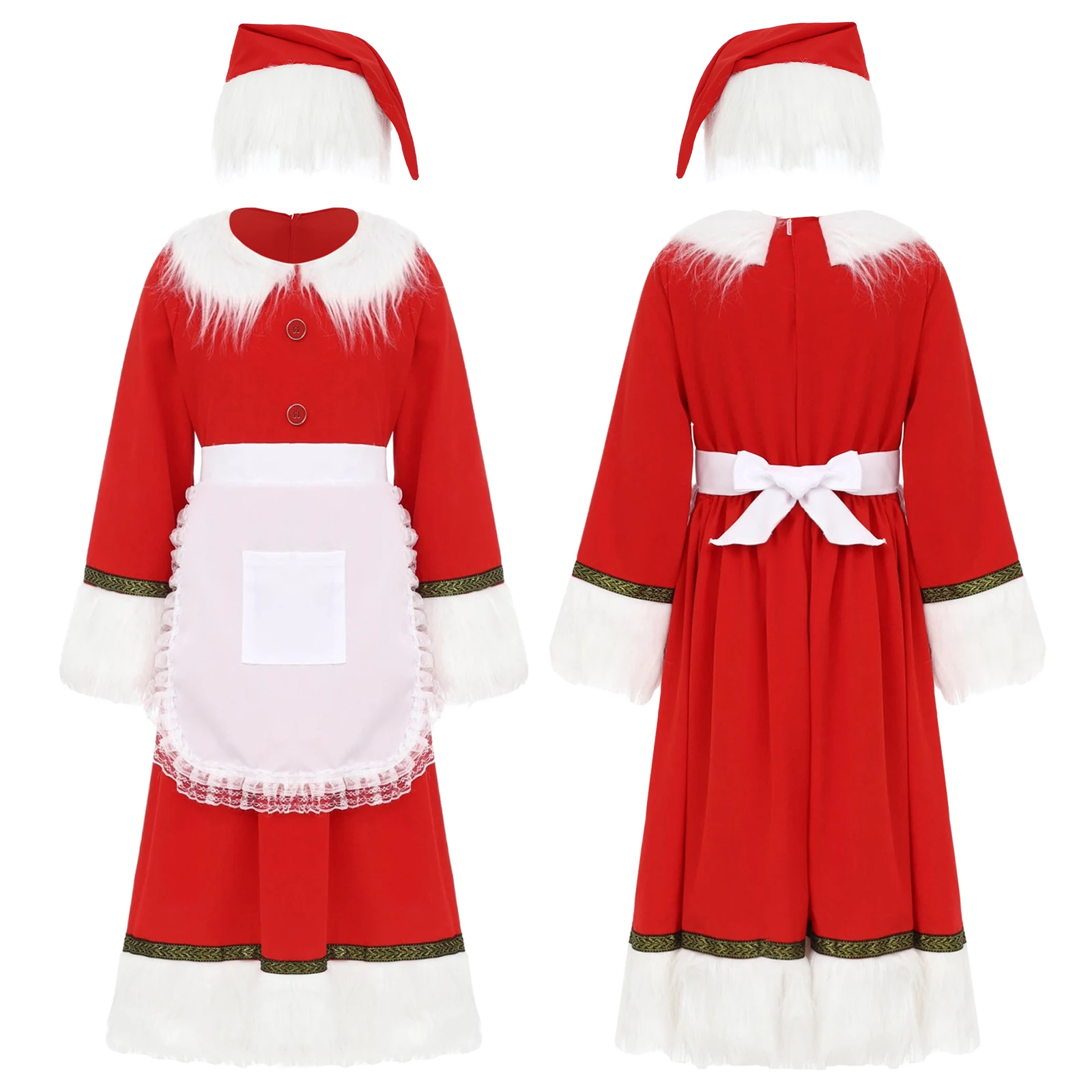 

Girls Christmas Santa Claus Dress-up Outfit Costume Long Sleeve Ruffled Dress with Hat and Apron Suit for Festival Theme Party