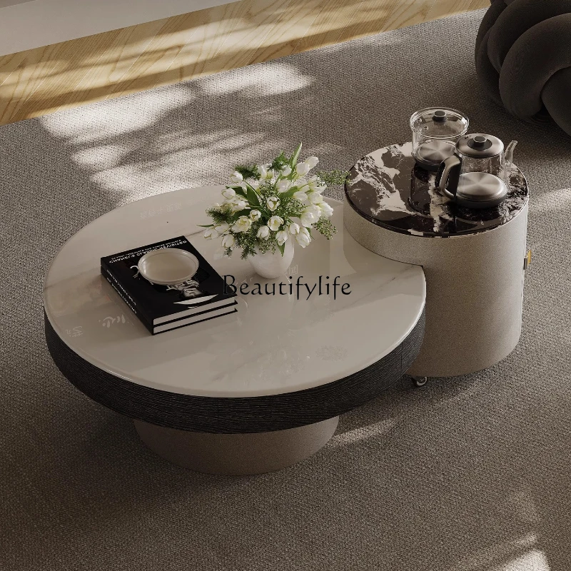 

46Italian minimalist marble coffee table combination kettle integrated round movable small tea table tea table living household