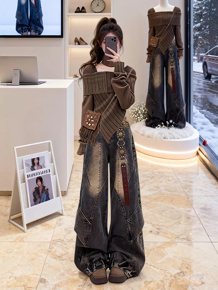 

Stylish Knitted Square Collar Top And Wide Leg Jeans Denim Set Winter Fashion Korean Loose Fit High Waist Warm Casual Outfit