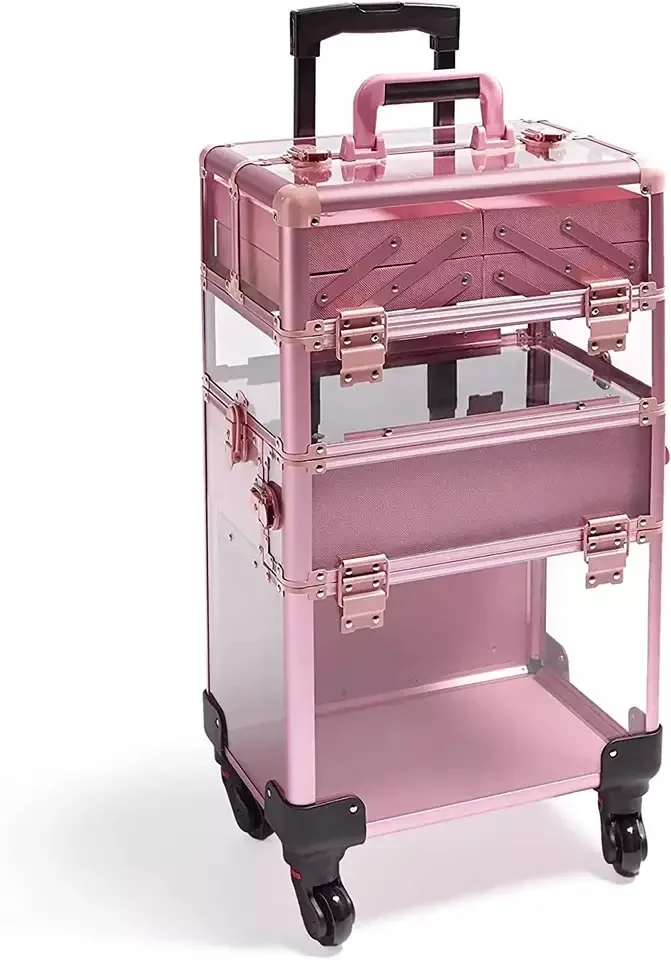 Volledig transparant acryl professionele trekstang cosmetische tas, volg make-up patroon borduurwerk, haar en schoonheid semi-permanent