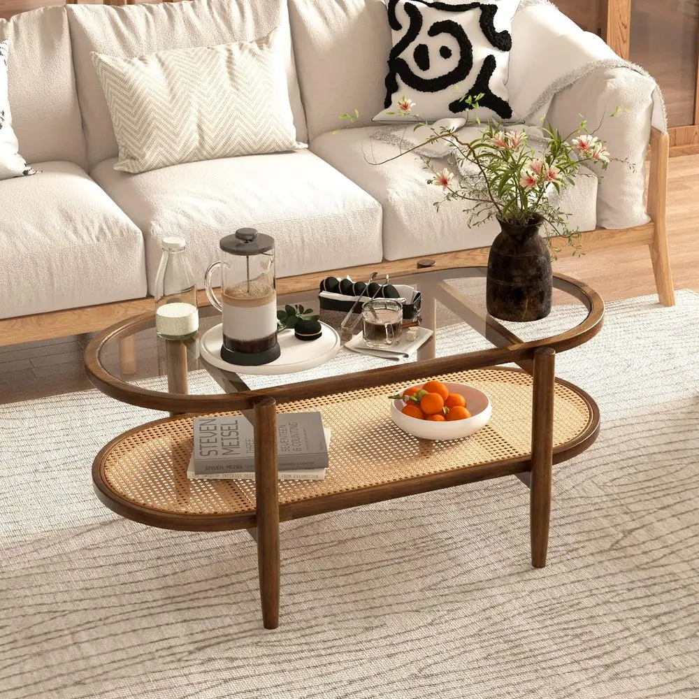 

Boho Coffee Table, 2Tier Center Table with Tempered Glass Tabletop amp PE Rattan Storage Shelf, Mid Century Modern Tea Table wit