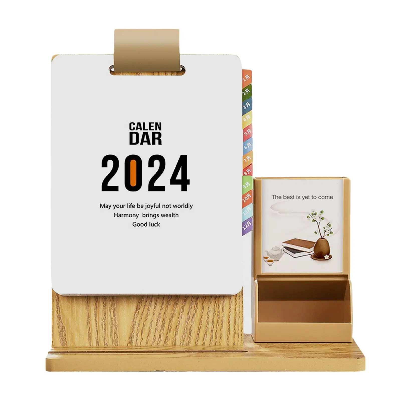 2024 Desk Calendar, Wooden Perpetual Calendar with Pencil Holder, Storage Box