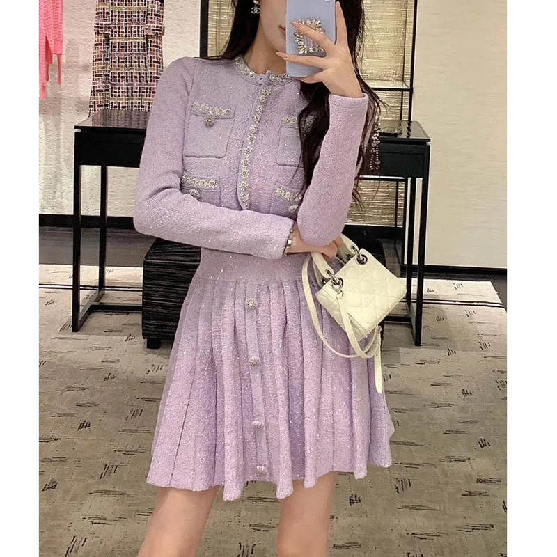 Winter Women\'s New Lilac Purple Nail Pearl Embellishment Sequin Round Neck Short Knitted Jacket Pleated Elegant Mini Skirt