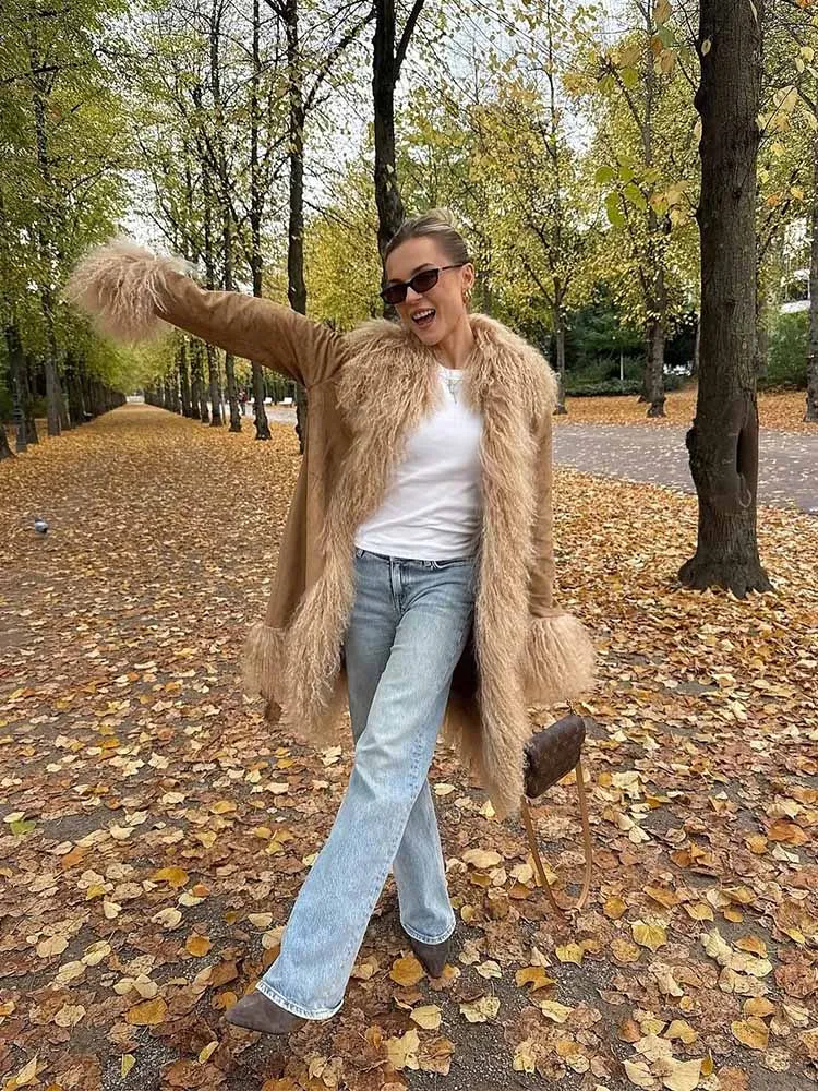 HH Woman Early Spring Trend Fashion Suede Fur Splicing Shaggy Decoration Medium Length Coat Female Casual Long Sleeves Overcoat
