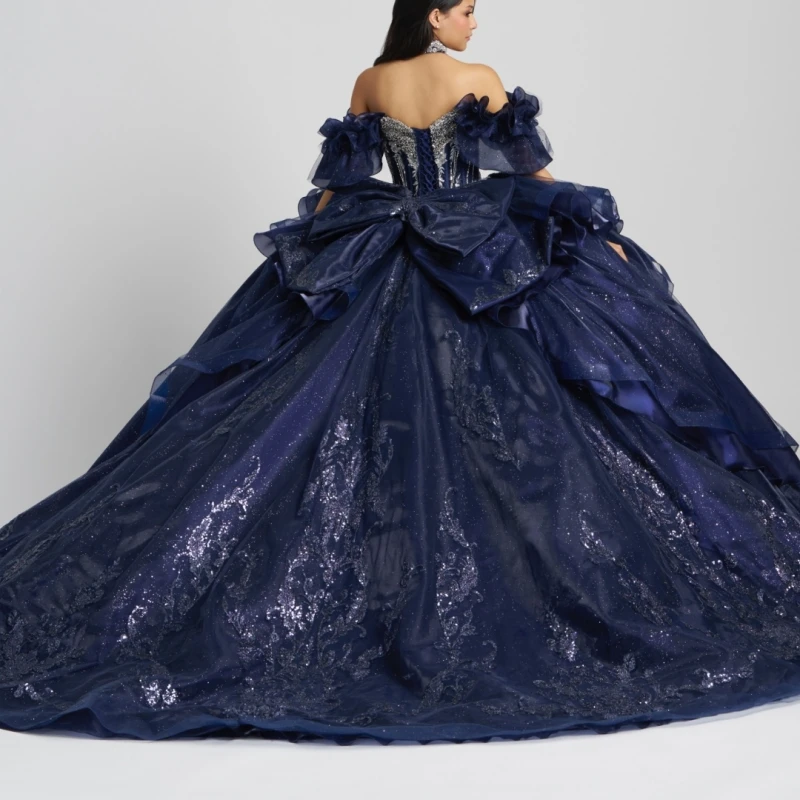 Navy Blue Glitter Quinceanera Dresses Off Shoulder Ball Gown Sweet 16 Dress Applique Beading Crystal Bow Tull Party Birthday Ves