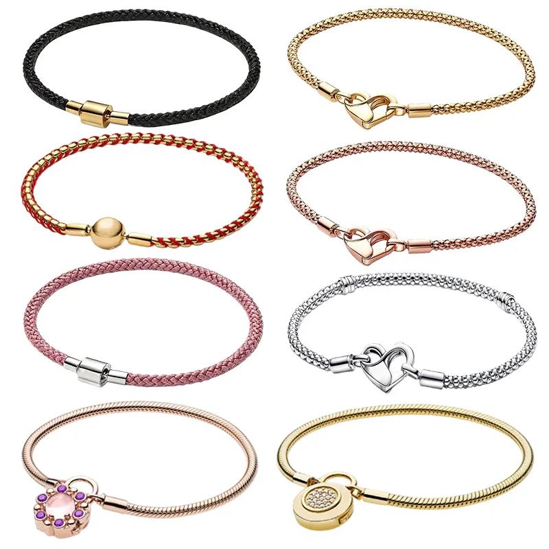 

2026 S925 Silver New Product Multiple Love Snake Bone Chain DIY Black Leather Rope Love Sparkling Bracelet Jewelry