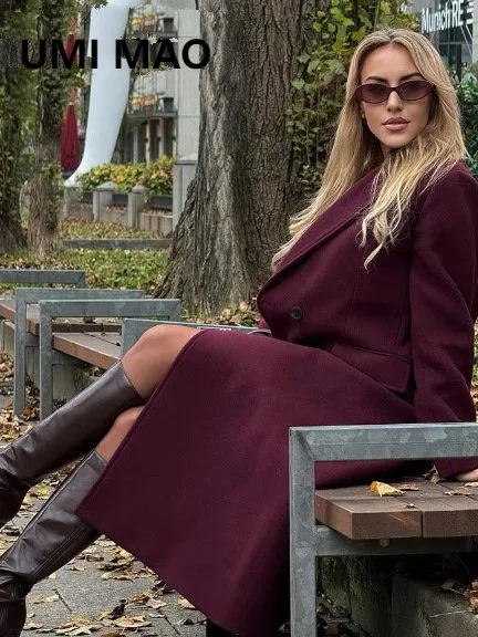 

UMI MAO Women Fashion Burgundy Woolen Coat Double Breasted Long Sleeve Lapel Blends Jacket Autumn Winter High Street Outerwear