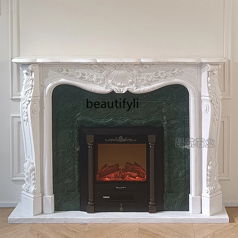 

Marble fireplace stone carving French living room background wall decorative cabinet white marble fireplace