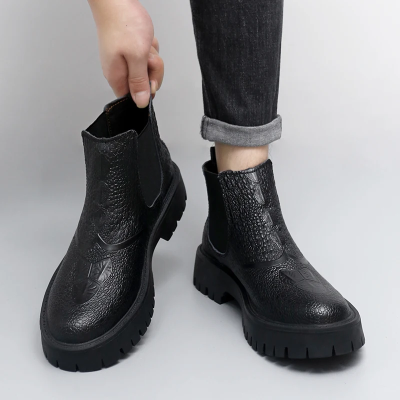 

Осенне-зимние мужские ботинки с тиснением дымохода, модные нескользящие персонализированные ботинки с толстой подошвой и узором крокодила