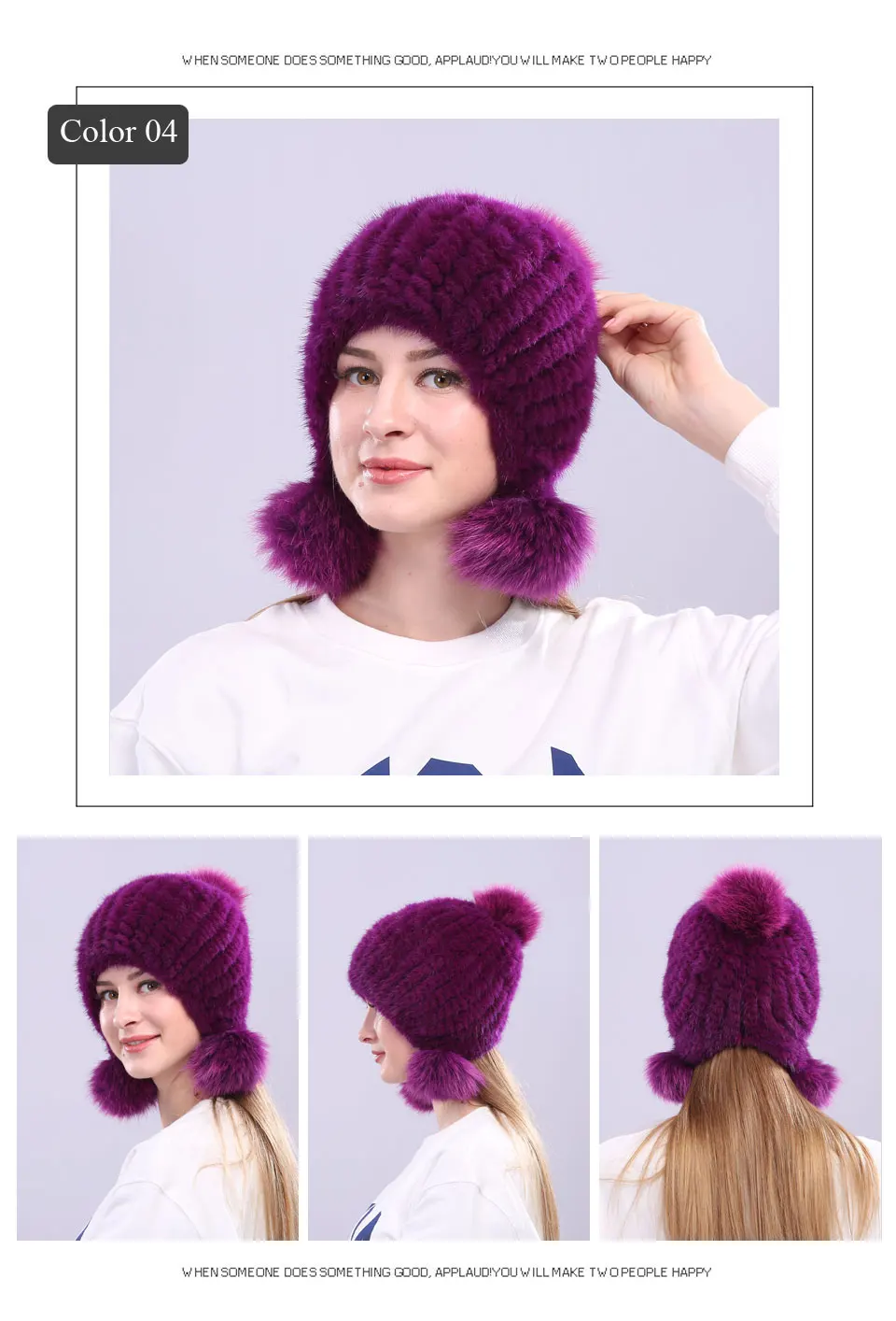 Echte Nerz Pelzmütze mit Fuchspelz Ball Ohrenschützer Schutzkappe Wintermütze für Frauen Russische Trapper Herbstmütze Beanie Herbstmütze – Detail 7