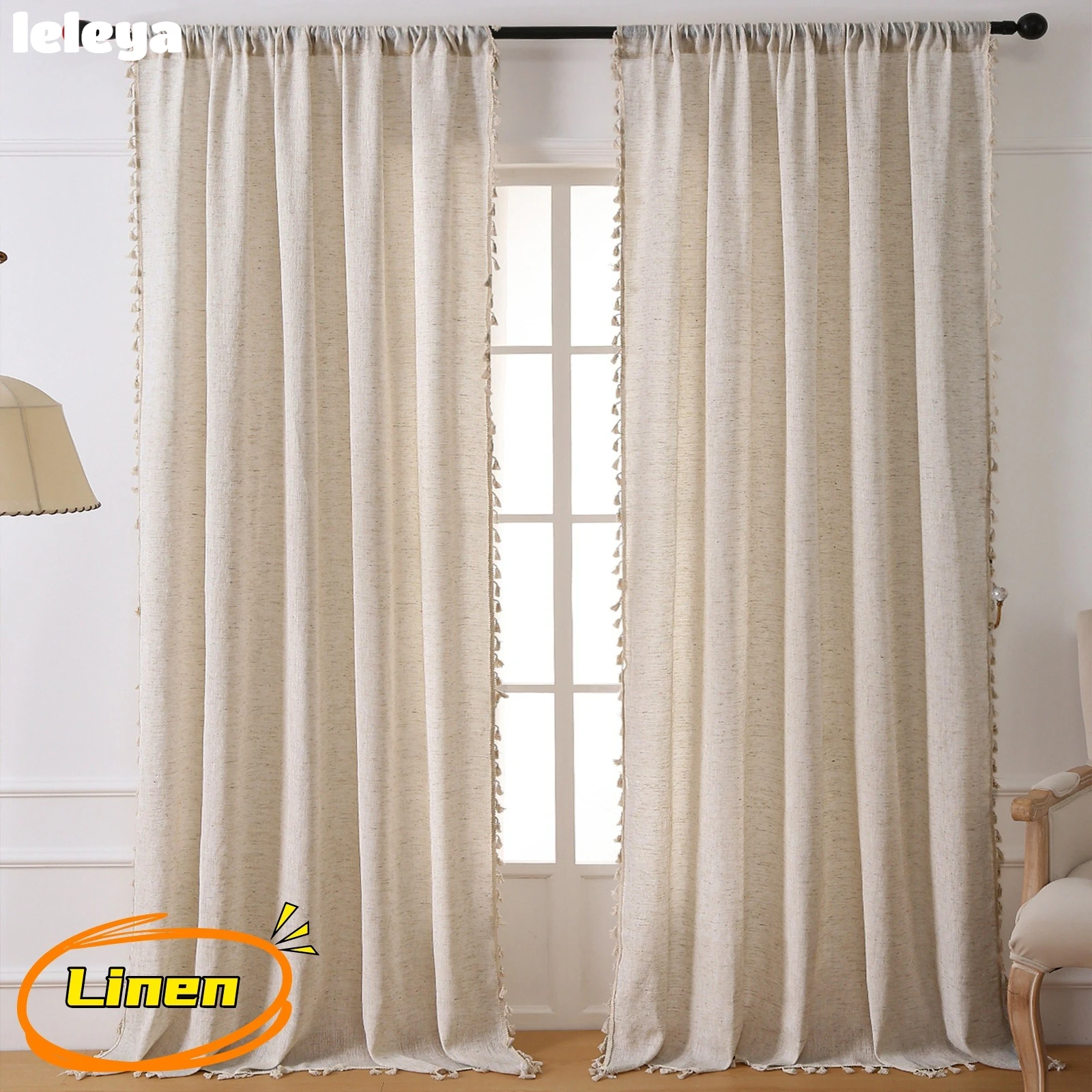 

Beige Tassel Curtains Bohemian Floral Windows Vintage Cotton Linen Blend Bedroom Living Room Semi Blackout Home Decor Luxurious