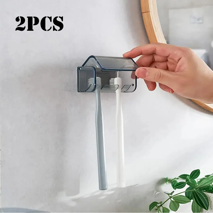 Dustproof Wall Mounted Toothbrush Holder with Cover 2 Slots Self Adhesive Toothbrush Storage Organizer for Shower Bathroom