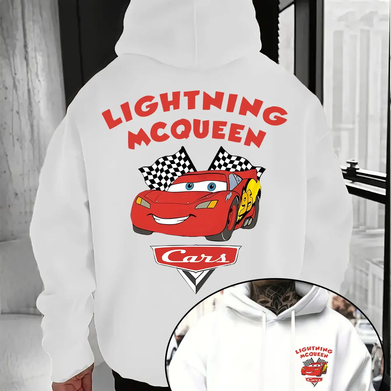 

2025-26 Disney Car Lightning McQueen толстовка из 100% хлопка с принтом, мужской пуловер, свободный модный повседневный свитшот