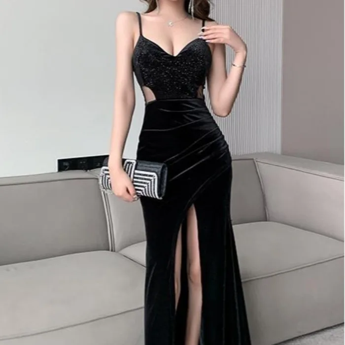 Długa suknia wieczorowa wyszczuplająca dla kobiet, z wysokim stanem, aksamitna, zimowa, nowość 2025, wersja koreańska, na bal, ceremonię, studniówkę.