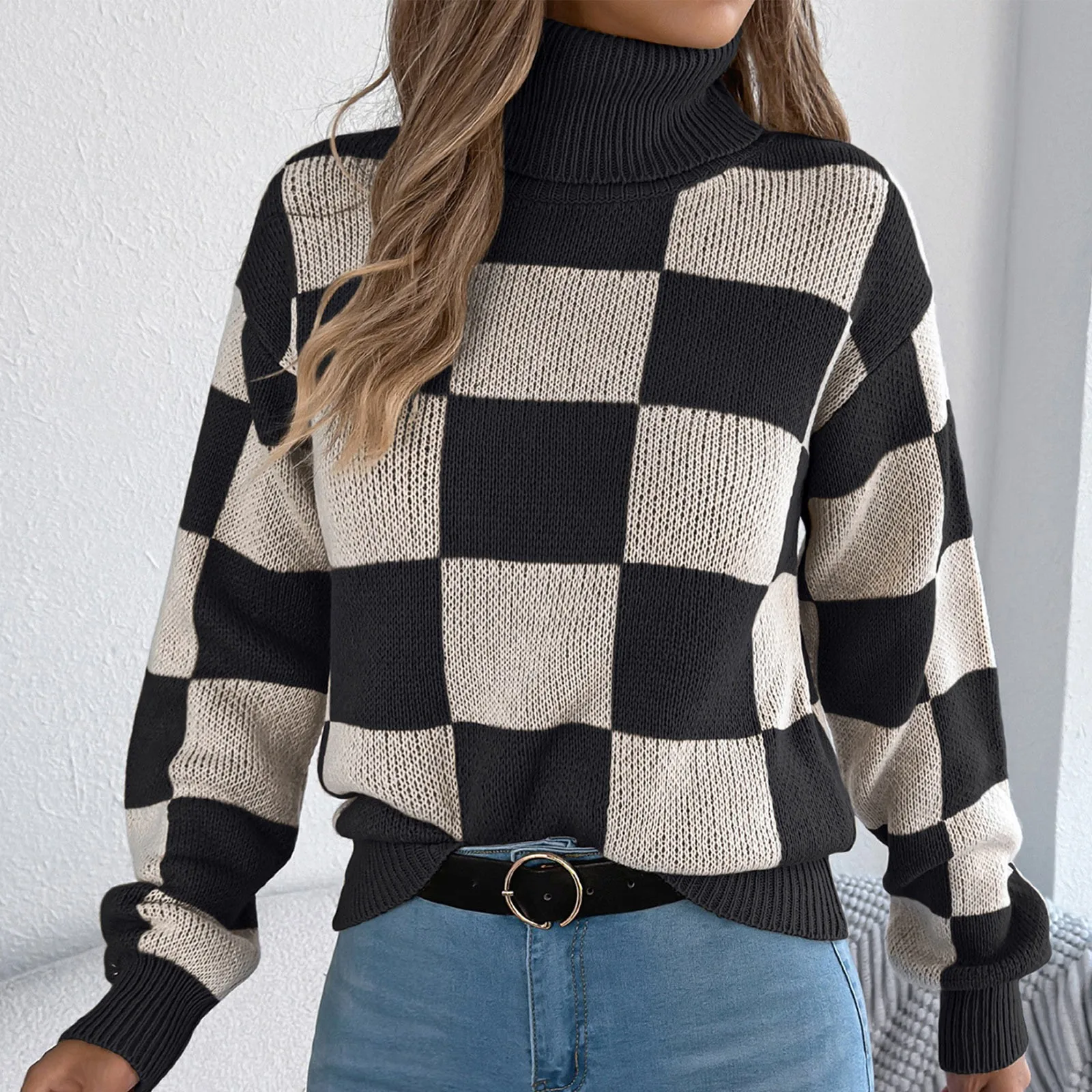 

Осень-зима модный вязаный пуловер свитер женский повседневный водолазка контрастный клетчатый свитер с длинными рукавами женские свитера