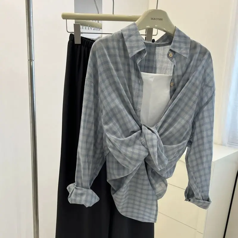 بلوزة رفيعة قميص راقي قميص فرنسي فضفاض منقوش واقي من الشمس قميص نسائي #1