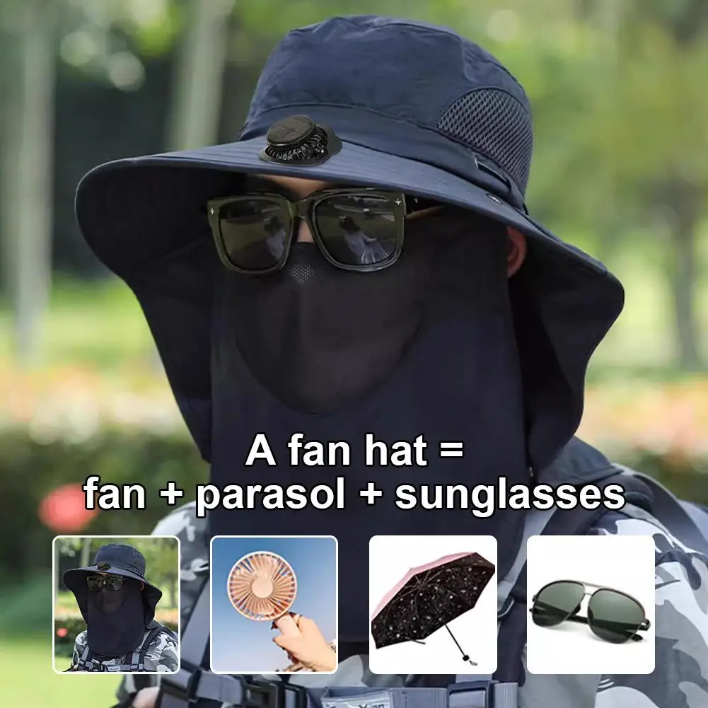 Wide Brim Sun Hat Outdoor Fishing Hat with Solar Fan and Face Mask USB Charging Waterproof UV Protection Hat for Hiking Fishing