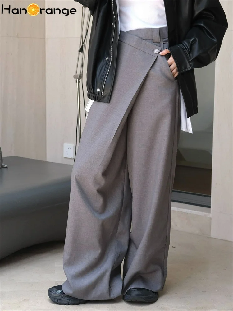 HanOrange 2024 Autumn Wide Legs Diagonal Front Placket Pants Women Loose Self-willed Trousers Gray