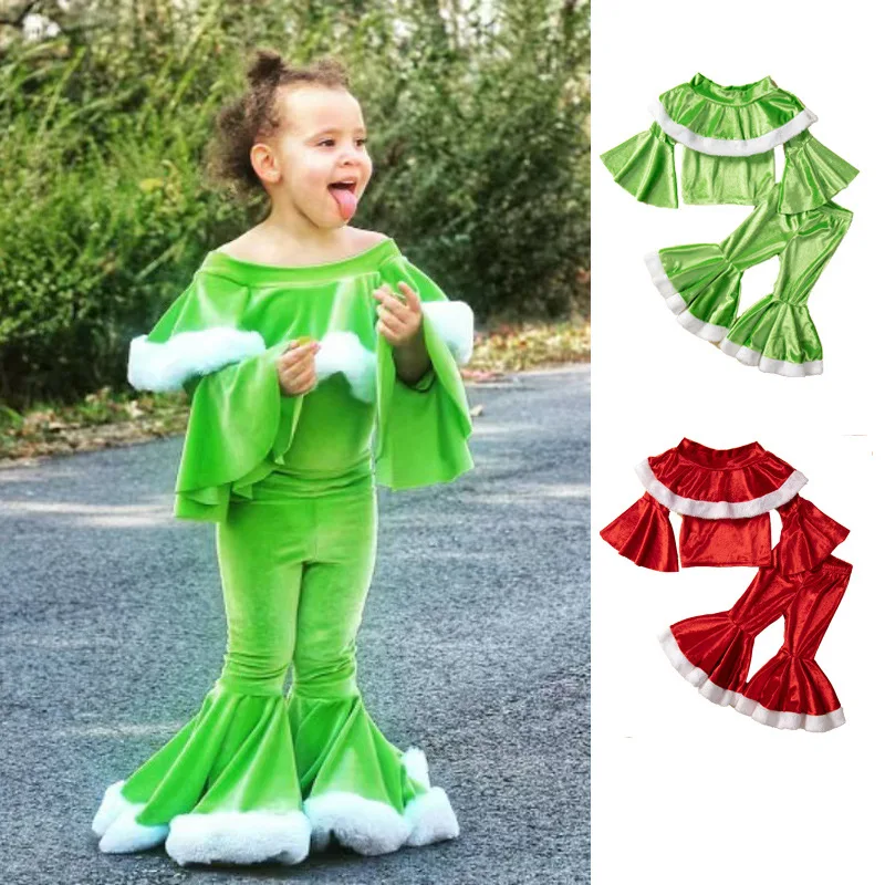 

Christmas children clothing baby girl long sleeve velvet off the shoulder shirt flare pants wide leg plush outfits 2 to 12 years