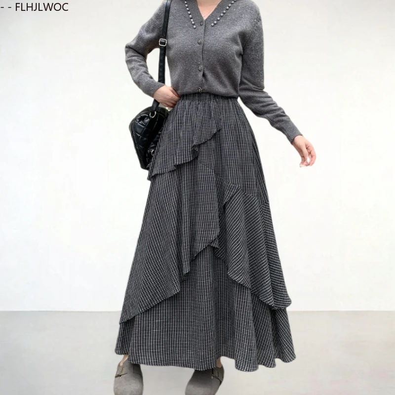 

Plaid Skirts Cute Sweet Girls Woman Autumn Spring All-Match High Elastic Waist A Line Retro Vintage Layer Ruffles Long Skirt