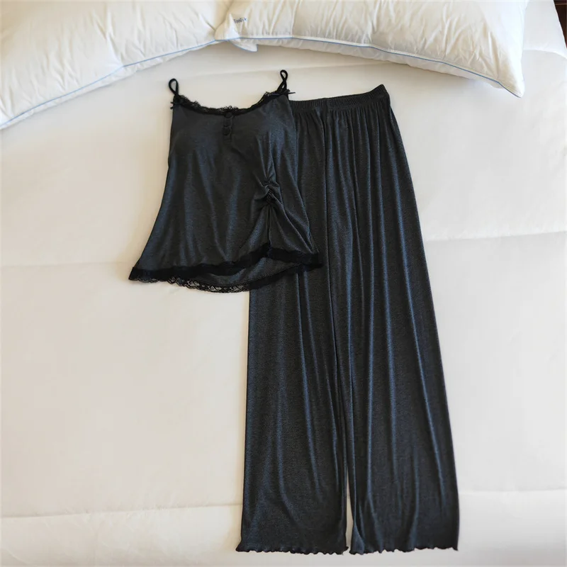 Summer Sleeveless Camisole Trousers Sets Chest Pad Sexy Home Suit Sleepwear Two-piece Pajamas Women Nightwear Home Clothing 2