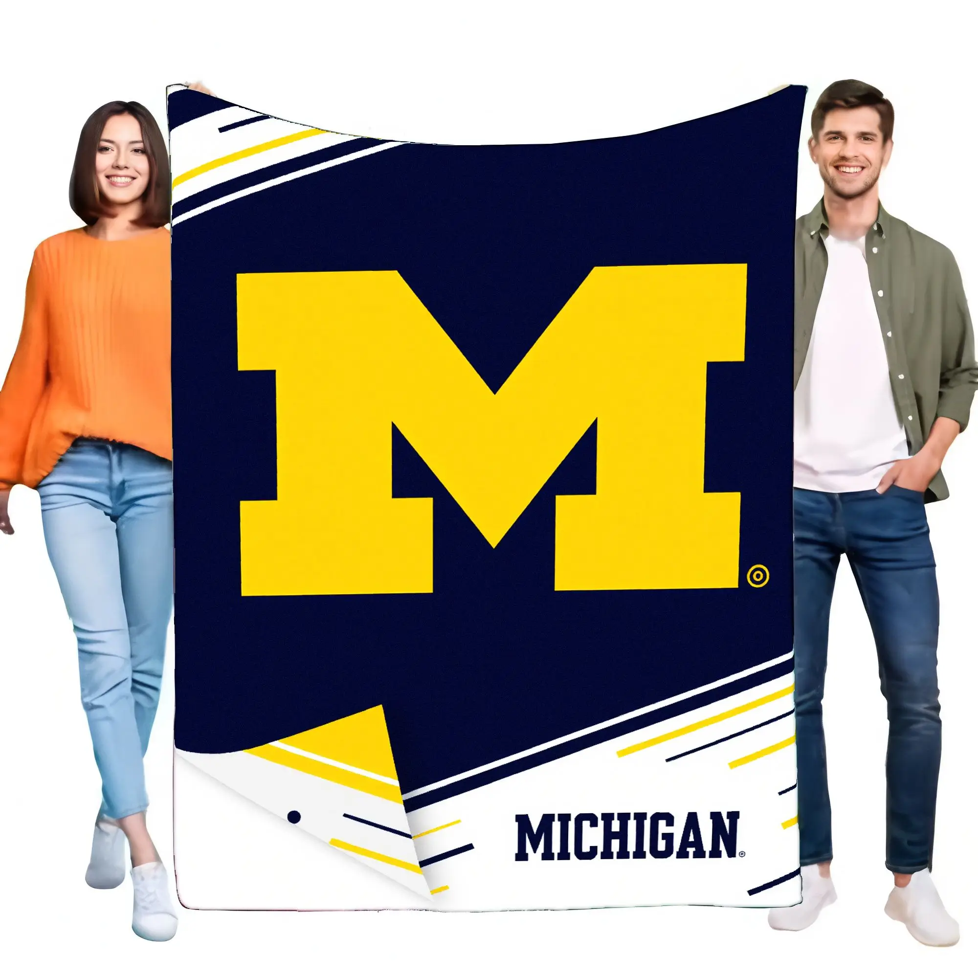 Manta con el logo de la Universidad de Michigan, color azul profundo, suave, con texto amarillo M y negro