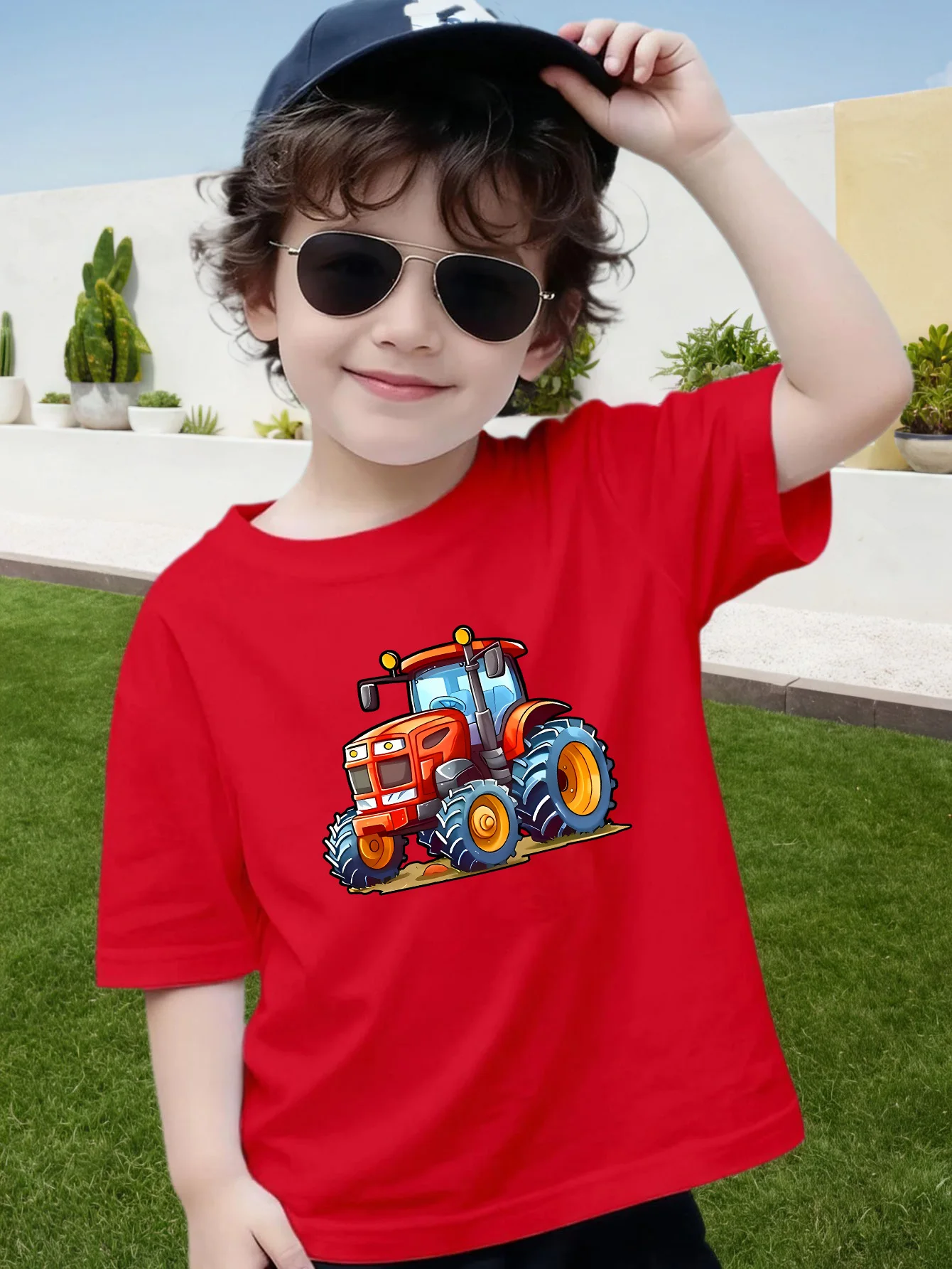 Cute Cartoon Red Tractor Print Kids T Shirt Boys Girls Parent Child Matching Casual Soft Cotton Short Sleeve Daily Basic Tops
