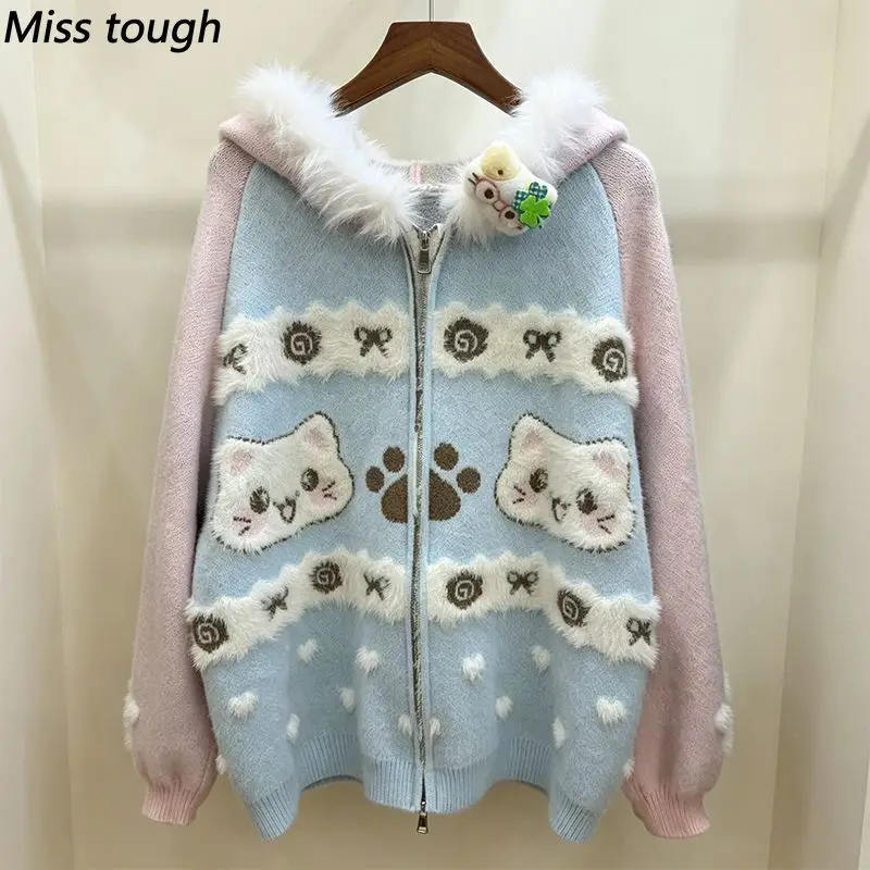 Japanese Harajuku Y2K Sweet Cute Cat Graphic Zip Up Hooded Cardigan Women Loose Fit Casual Daily Y2k Sweatershirt Pullover 2026