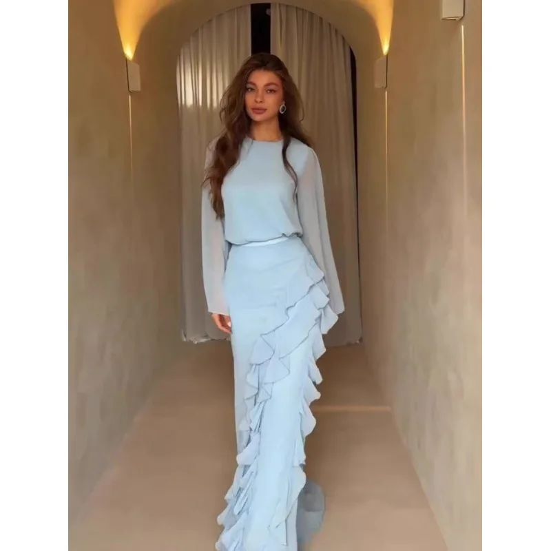 Nuovo arrivo autunno 2025: abito maxi arricciato a maniche lunghe elegante e femminile